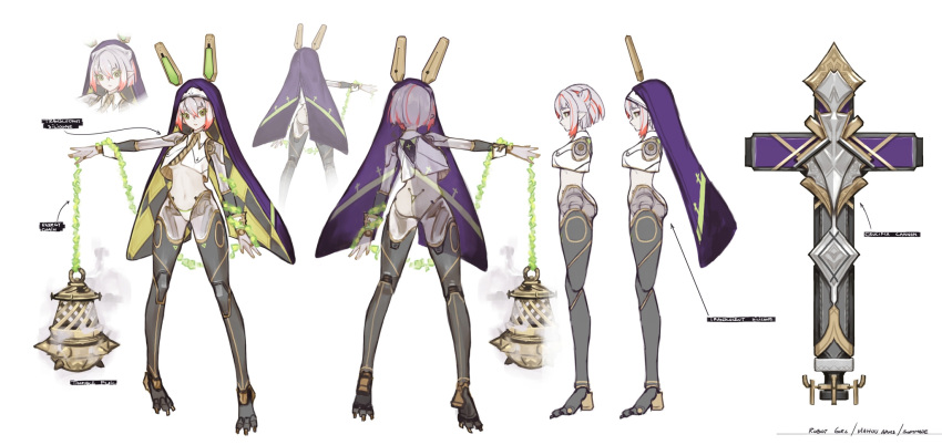 1girl, android, ass, ball_and_chain_(weapon), breasts, character_sheet, collared_shirt, cropped_shirt, cross, double_bun, english_commentary, green_eyes, grey_hair, habit, hair_behind_ear, head_tilt, highres, holding, holding_weapon, mahou_arms, mechanical_legs, medium_breasts, midriff, multicolored_hair, multiple_views, navel, official_art, pointy_ears, redhead, science_fiction, seiko_(mahou_arms), shirt, short_hair, softmode, streaked_hair, weapon, white_shirt