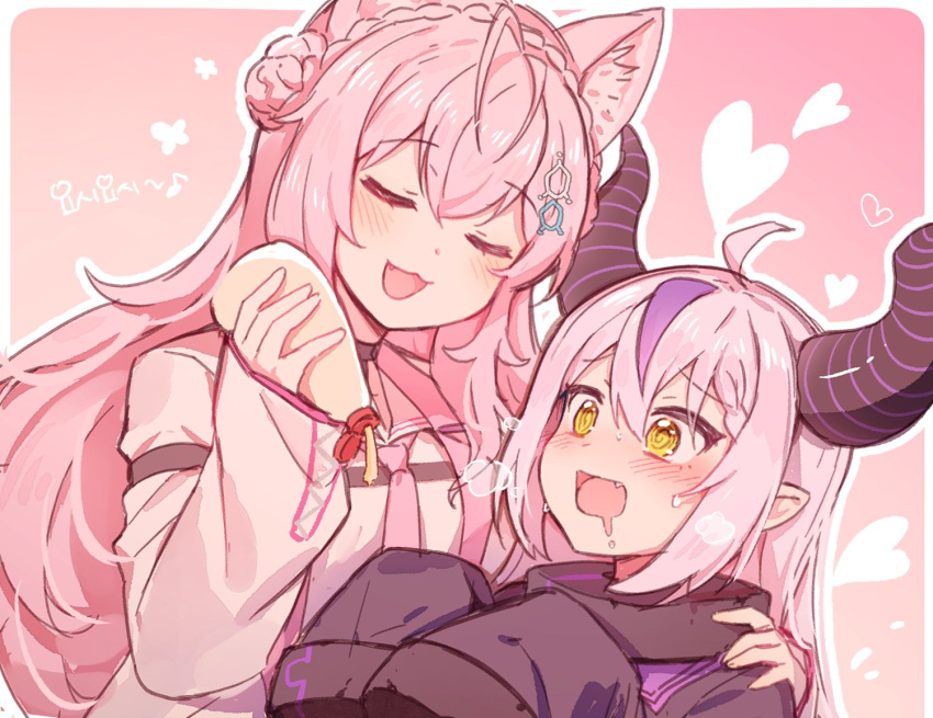 2girls, @_@, ahoge, bangs, black_jacket, blush, bottle, braid, closed_eyes, coyote_ears, coyote_girl, drooling, fang, hair_between_eyes, hakui_koyori, hand_on_another's_shoulder, heart, holding, holding_bottle, hololive, horns, jacket, korean_text, la+_darknesss, labcoat, long_hair, mayonnaise, mono_mon, multicolored_hair, multiple_girls, necktie, open_mouth, pink_background, pink_hair, pointy_ears, shirt, silver_hair, sleeves_past_fingers, sleeves_past_wrists, smile, streaked_hair, sweat, symbol-only_commentary, violet_eyes, virtual_youtuber, white_shirt, yellow_eyes