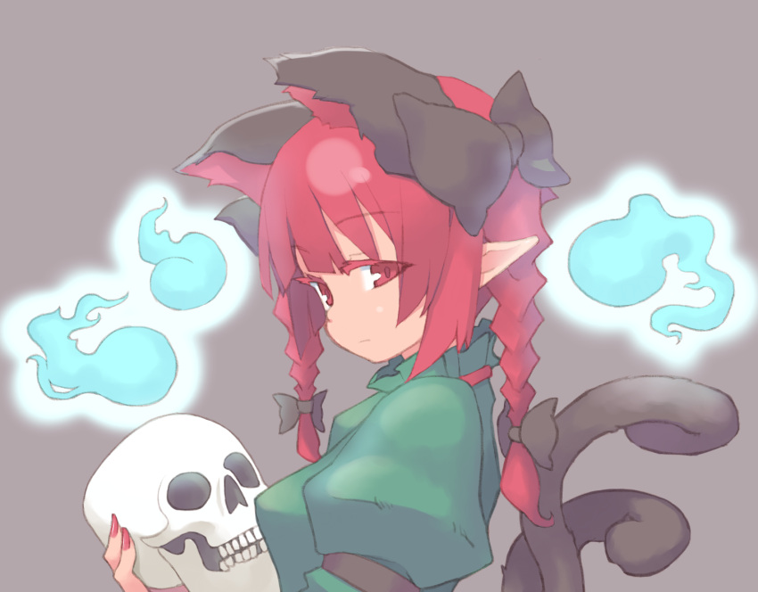 1girl, animal_ears, bangs, black_bow, blue_fire, blunt_bangs, bow, braid