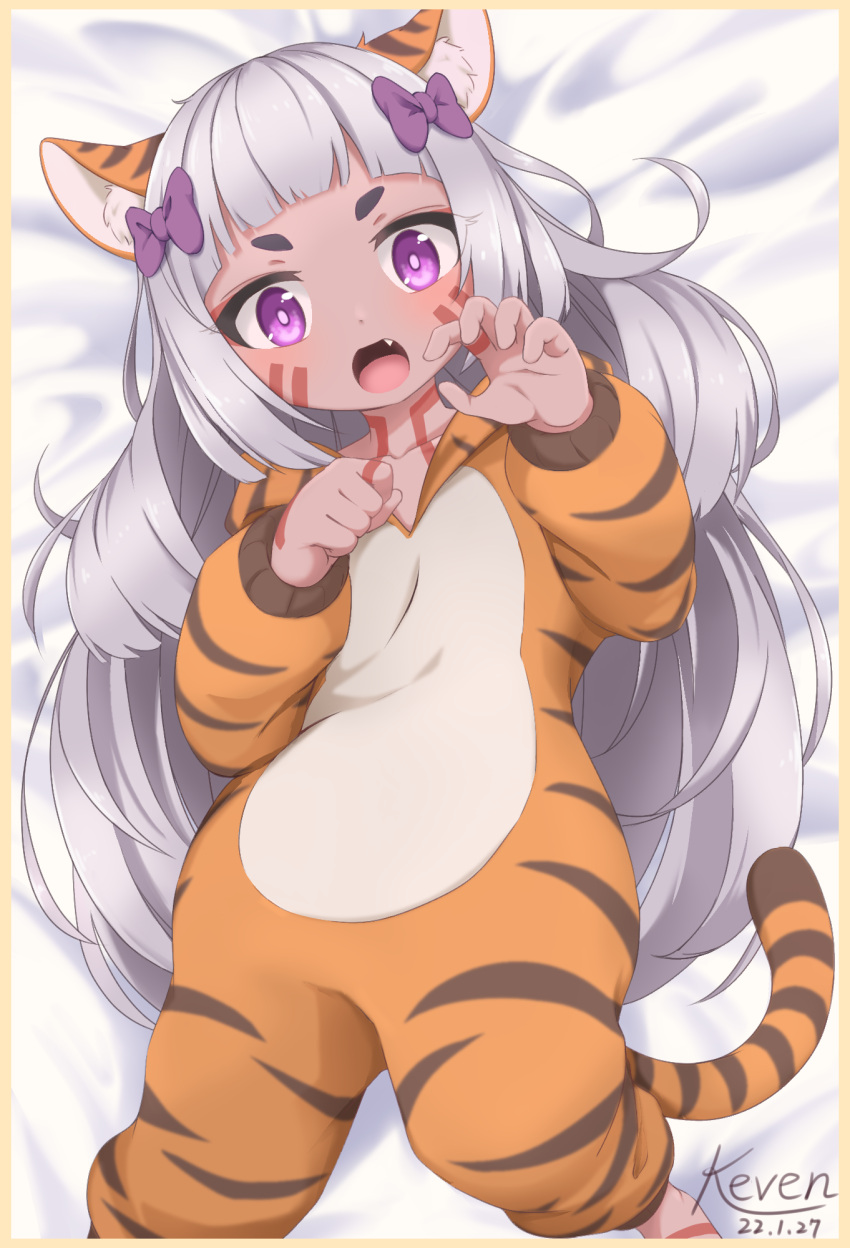 1girl, animal_costume, animal_ear_fluff, animal_ears, animal_print, arm_up, artist_name, barefoot