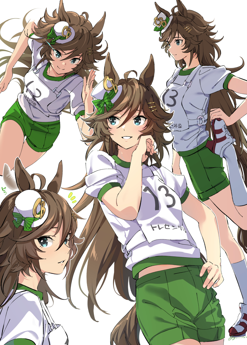 1girl, afterimage, ahoge, animal_ears, bangs, brown_hair, closed_mouth, ear_twitch