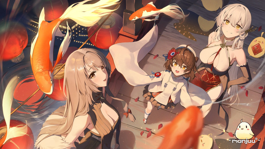 3girls, azur_lane, black_gloves, braid, breast_curtains, breasts, bridal_gauntlets, bristol_(azur_lane), bristol_(tales_from_the_empery)_(azur_lane), brown_hair, brown_skirt, charybdis_(azur_lane), charybdis_(red_chamber_of_healing)_(azur_lane), chinese_new_year, cleavage_cutout, clothing_cutout, dress, feather_boa, flower, frilled_gloves, frills, from_above, gloves, gold_trim, hair_between_eyes, hair_flower, hair_ornament, hermione_(azur_lane), hermione_(pristine_herbalist)_(azur_lane), highres, lantern, large_breasts, leaf_hair_ornament, leotard, leotard_under_clothes, light_brown_eyes, light_brown_hair, loading_screen, long_hair, looking_at_viewer, looking_up, medium_hair, multiple_girls, official_alternate_costume, official_art, orange_eyes, paper_lantern, pelvic_curtain, red_dress, red_flower, sb_lama, side_slit, skirt, sleeveless, sleeveless_dress, very_long_hair, very_long_sleeves, water, white_hair, white_headwear, white_legwear, wide_sleeves, wooden_floor, yellow_eyes