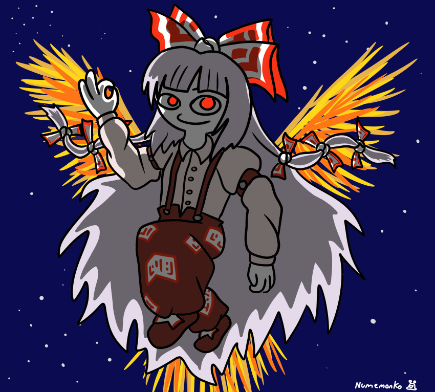 1girl, baggy_pants, cartoonized, fire, fujiwara_no_mokou, hair_bow, happy, imperishable_night