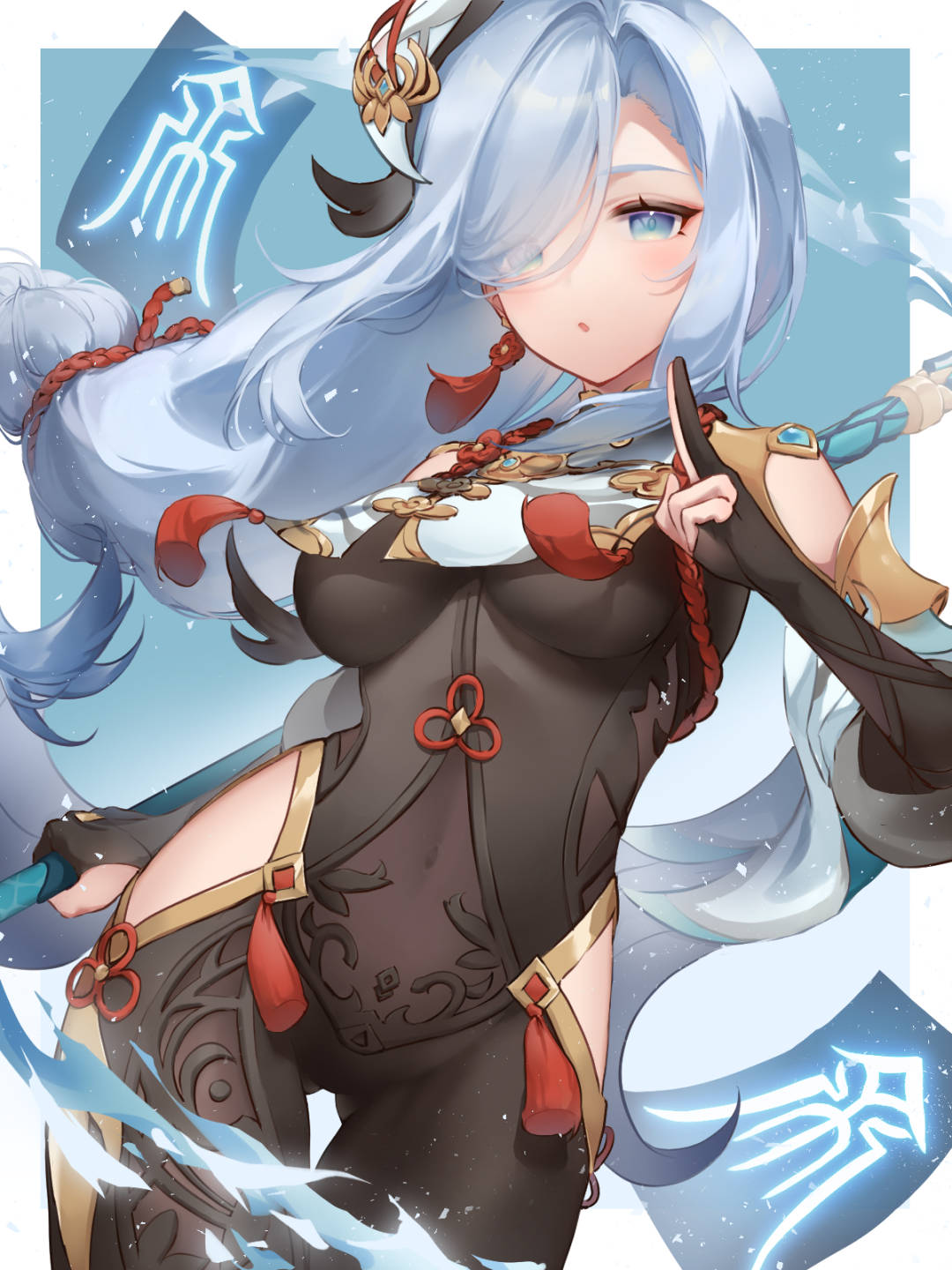 1girl, :o, ass_visible_through_thighs, aura, bangs, black_bodysuit, blue_background, blue_eyes