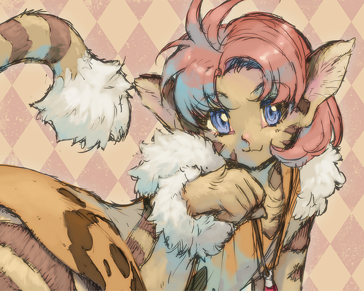 1girl, :3, animal_ears, argyle, argyle_background, bangs, brown_background, cat_girl