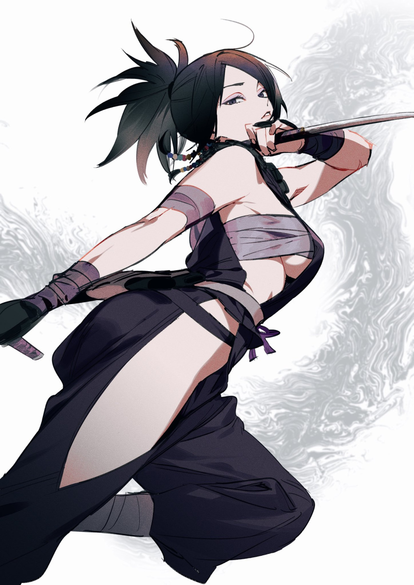 1girl, ayame_(tenchuu), bandaged_arm, bandaged_wrist, bandages, bangs, beads, black_eyes, black_hair, breasts, dual_wielding, feet_out_of_frame, hair_beads, hair_ornament, highres, holding, kazari_tayu, kodachi, lips, looking_at_viewer, medium_breasts, medium_hair, ninja, parted_bangs, parted_lips, ponytail, revealing_clothes, reverse_grip, sarashi, short_sword, sideboob, sideless_outfit, simple_background, solo, sword, tenchuu, weapon, white_background