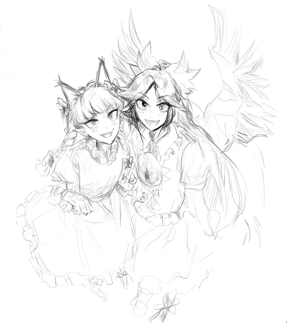 2girls, animal_ears, asymmetrical_footwear, bird_wings, black_bow, bow, braid, cat_ears