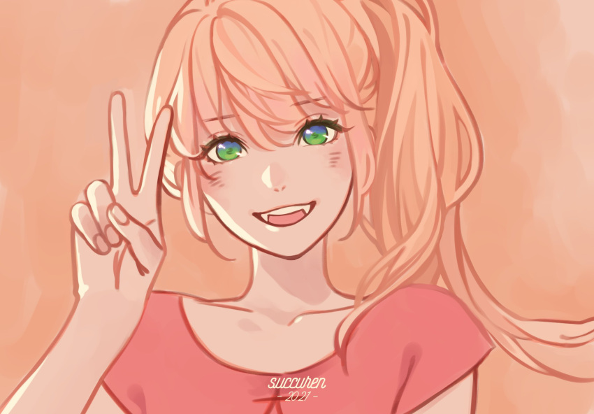 1girl, blush, fangs, green_eyes, highres, looking_at_viewer, maha5, maha5japan, namba_akari, orange_hair, pale_skin, red_shirt, shirt, smile, succuren, v