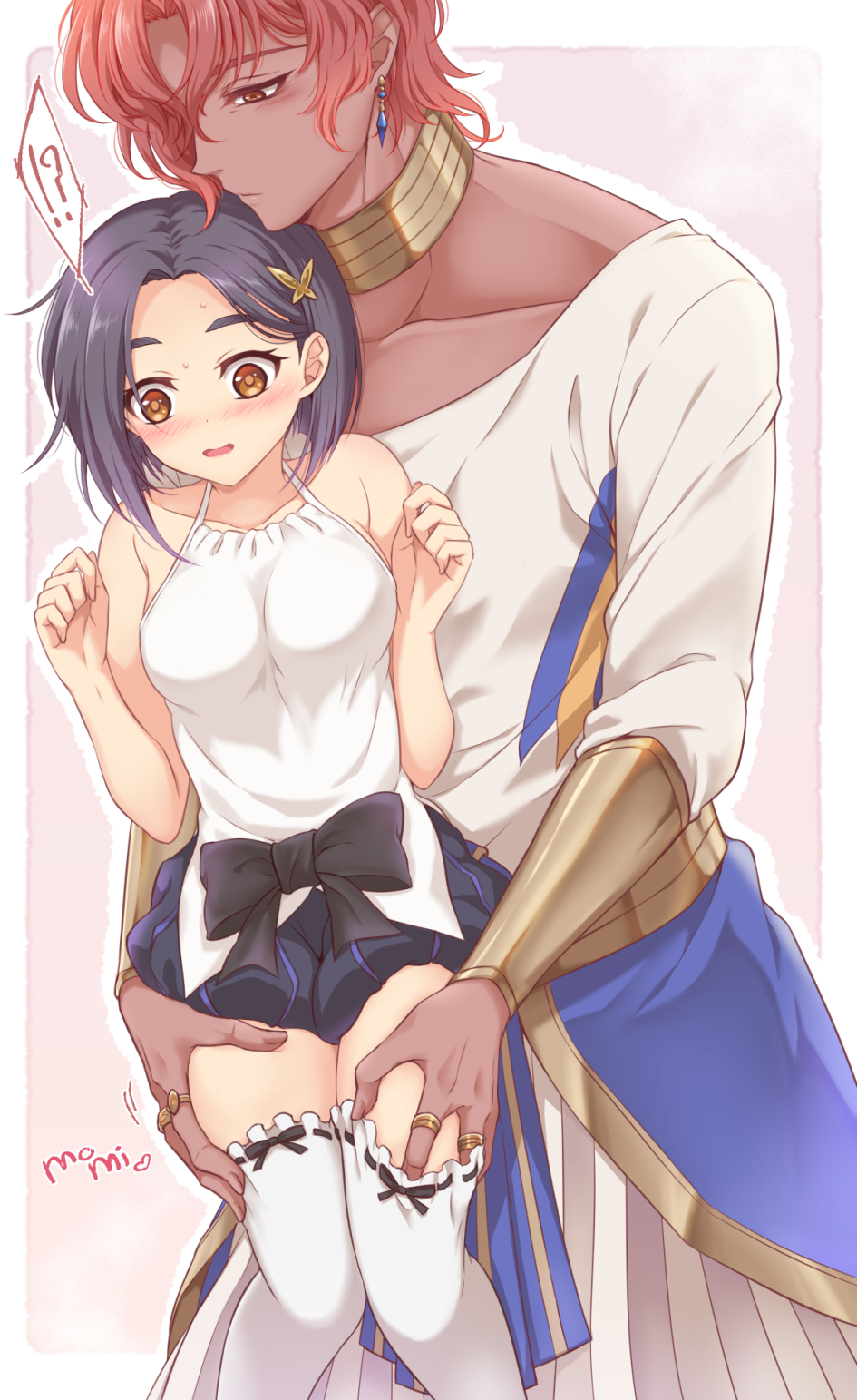 !?, bare_arms, black_bow, black_bowtie, black_hair, black_shorts, bow, bowtie