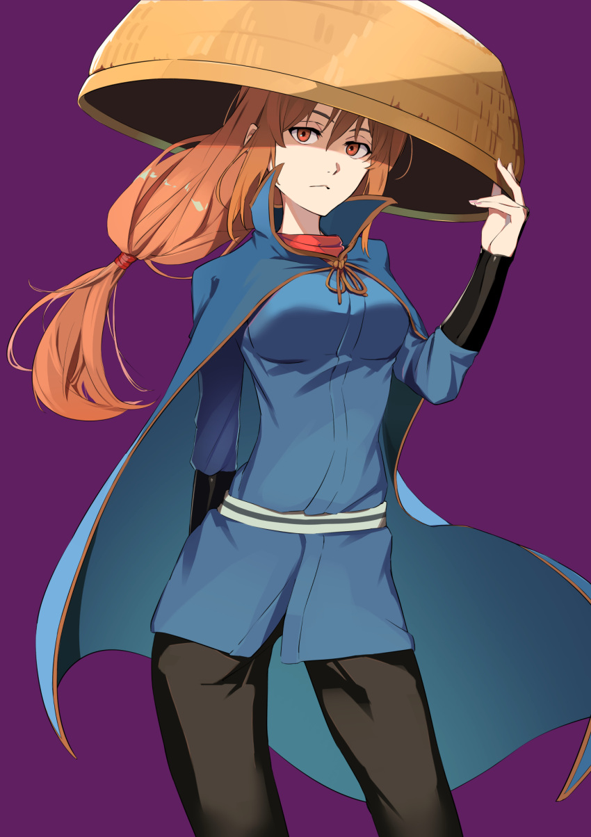 1girl, bangs, black_pants, blue_cape, blue_kimono, breasts, brown_hair, brown_ribbon