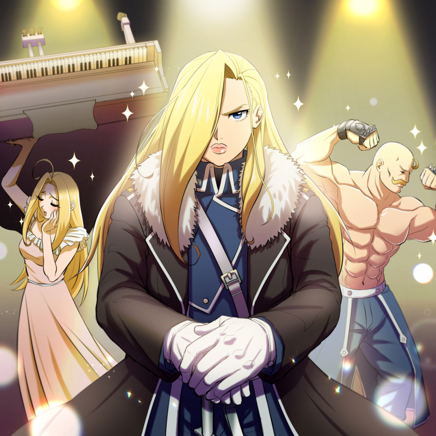 1boy, 2girls, abs, alex_louis_armstrong, bald, black_coat, blonde_hair, blue_eyes
