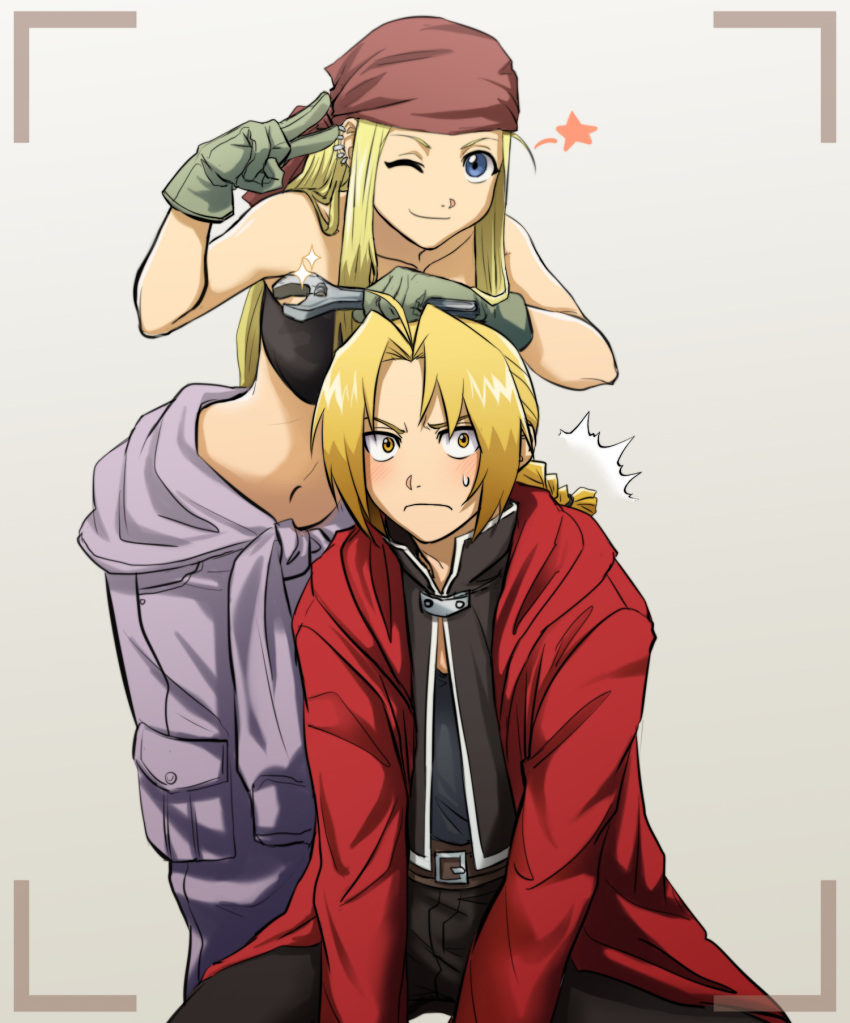 1boy, 1girl, ;), ahoge, bandana, black_bandeau, black_jacket, black_pants