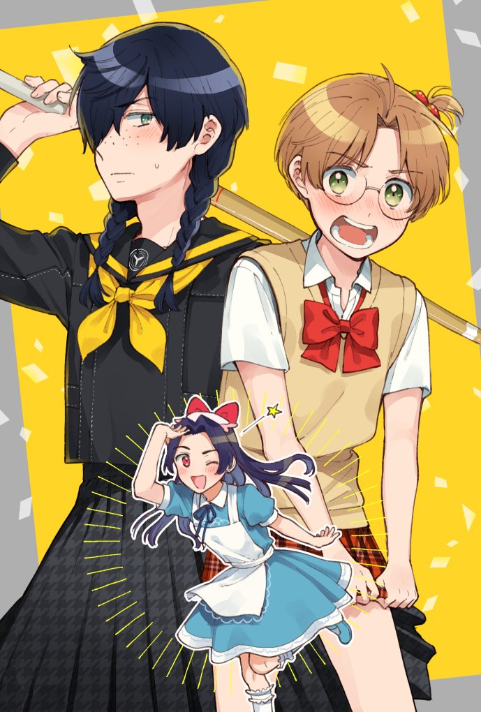 3boys, :o, ;d, azuma_sara, azuma_sara_(cosplay), bangs, black_shirt, black_skirt, blue_dress, blue_footwear, blush, braid, brown_hair, cosplay, crossdressing, dress, freckles, green_eyes, hair_bobbles, hair_ornament, houndstooth, jinnai_enta, karushiumu_shougyo, kneehighs, kuji_toi, long_hair, miniskirt, multiple_boys, one_eye_closed, parted_bangs, red_skirt, sarazanmai, shirt, short_sleeves, skirt, smile, standing, standing_on_one_leg, sweatdrop, sweater_vest, twin_braids, white_legwear, yasaka_kazuki, yellow_background