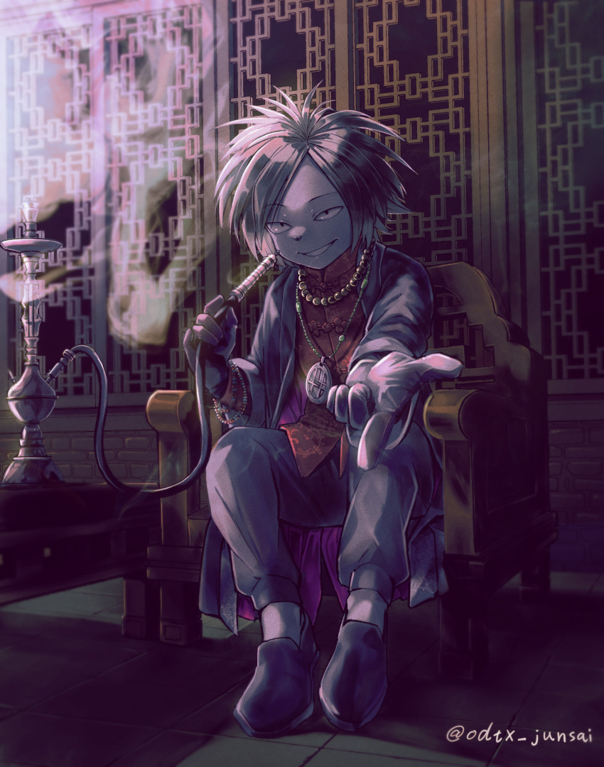 1boy, artist_name, bead_bracelet, beads, black_footwear, black_gloves, black_hair, bracelet, chair, gloves, highres, hookah, indoors, jewelry, junsai_(odtx), male_focus, necklace, odd_taxi, red_vest, sitting, smile, smoke, smoking, solo, twitter_username, vest, yano_(odd_taxi)