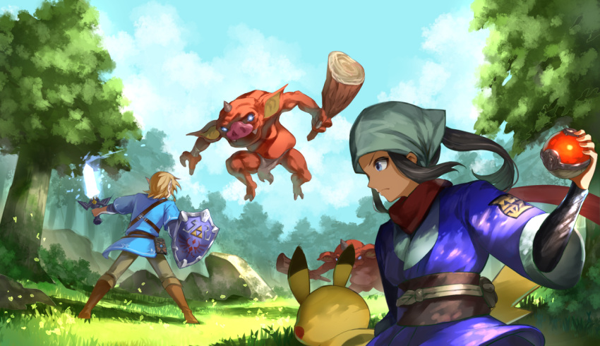 1boy, 1girl, akari_(pokemon), black_hair, blue_tunic, boots, brown_footwear, brown_sash, character_request, closed_mouth, clouds, commentary_request, crossover, danryoku_(ucrh3525), day, grass, grey_headwear, hand_up, head_scarf, holding, holding_club, holding_poke_ball, holding_shield, holding_sword, holding_weapon, jacket, leaves_in_wind, link, long_hair, master_sword, outdoors, pants, pikachu, poke_ball, poke_ball_(legends), pokemon, pokemon_(creature), pokemon_(game), pokemon_legends:_arceus, ponytail, purple_jacket, sash, shield, shirt, sidelocks, sky, standing, sword, the_legend_of_zelda, the_legend_of_zelda:_breath_of_the_wild, tree, weapon
