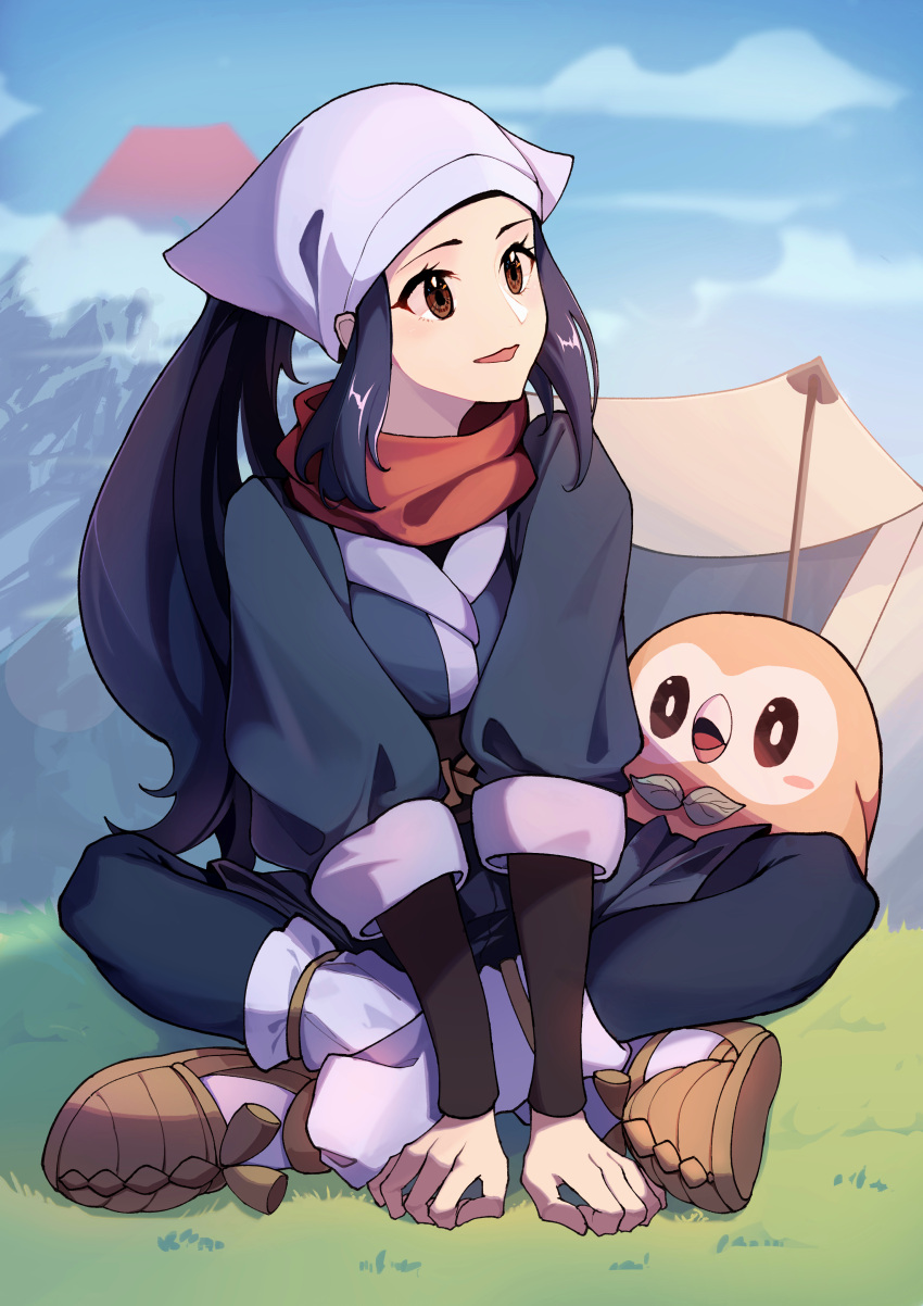 1girl, absurdres, akari_(pokemon), black_hair, black_shirt, brown_eyes, brown_footwear, chinese_commentary