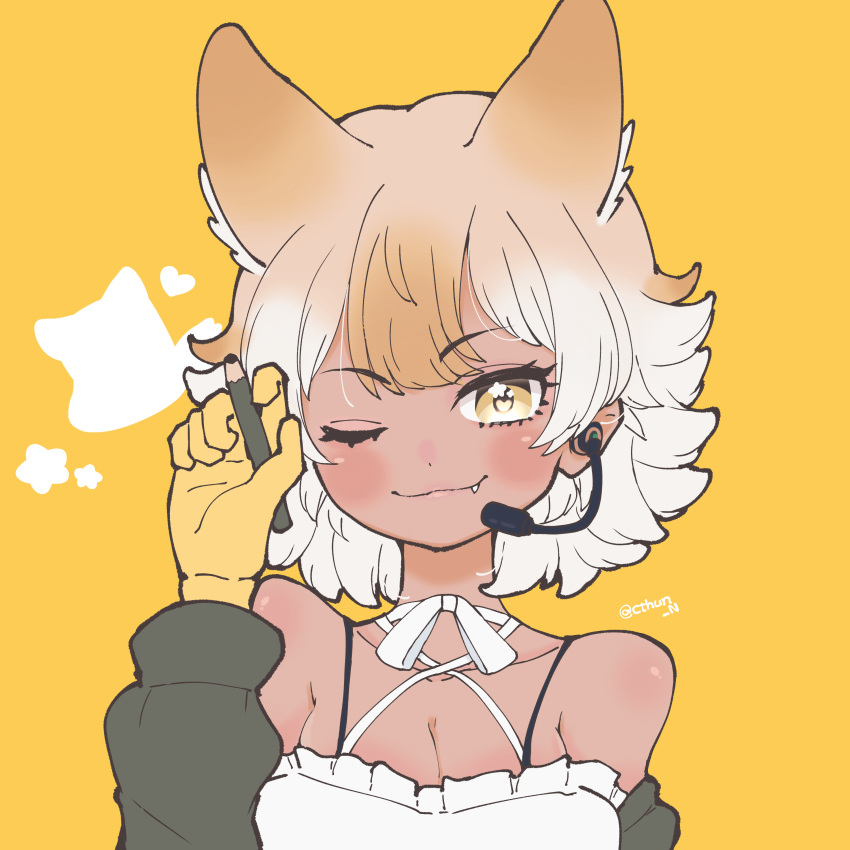 1girl, :3, absurdres, bare_shoulders, blonde_hair, bow, bowtie, choker, commentary_request, coyote_(kemono_friends), coyote_ears, coyote_girl, cthun_n, eyebrows_visible_through_hair, fang, gloves, grey_jacket, highres, jacket, kemono_friends, kemono_friends_v_project, microphone, multicolored_hair, off_shoulder, official_alternate_costume, one_eye_closed, pencil, shirt, short_hair, sleeveless, solo, spaghetti_strap, star_(symbol), virtual_youtuber, white_bow, white_bowtie, white_choker, white_hair, white_shirt, yellow_eyes, yellow_gloves