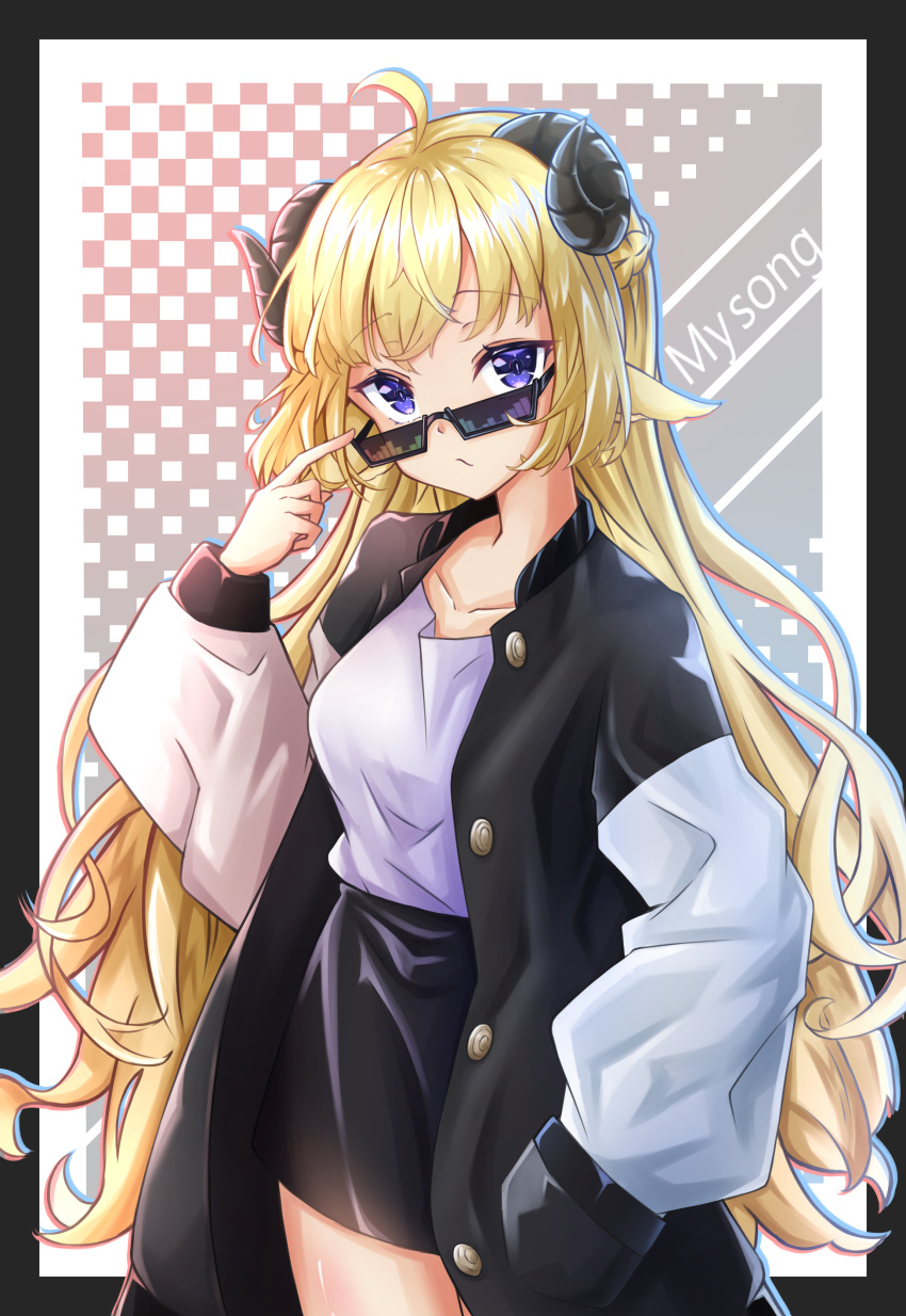 1girl, absurdres, adjusting_eyewear, blonde_hair, blue_eyes, english_text, highres, hololive