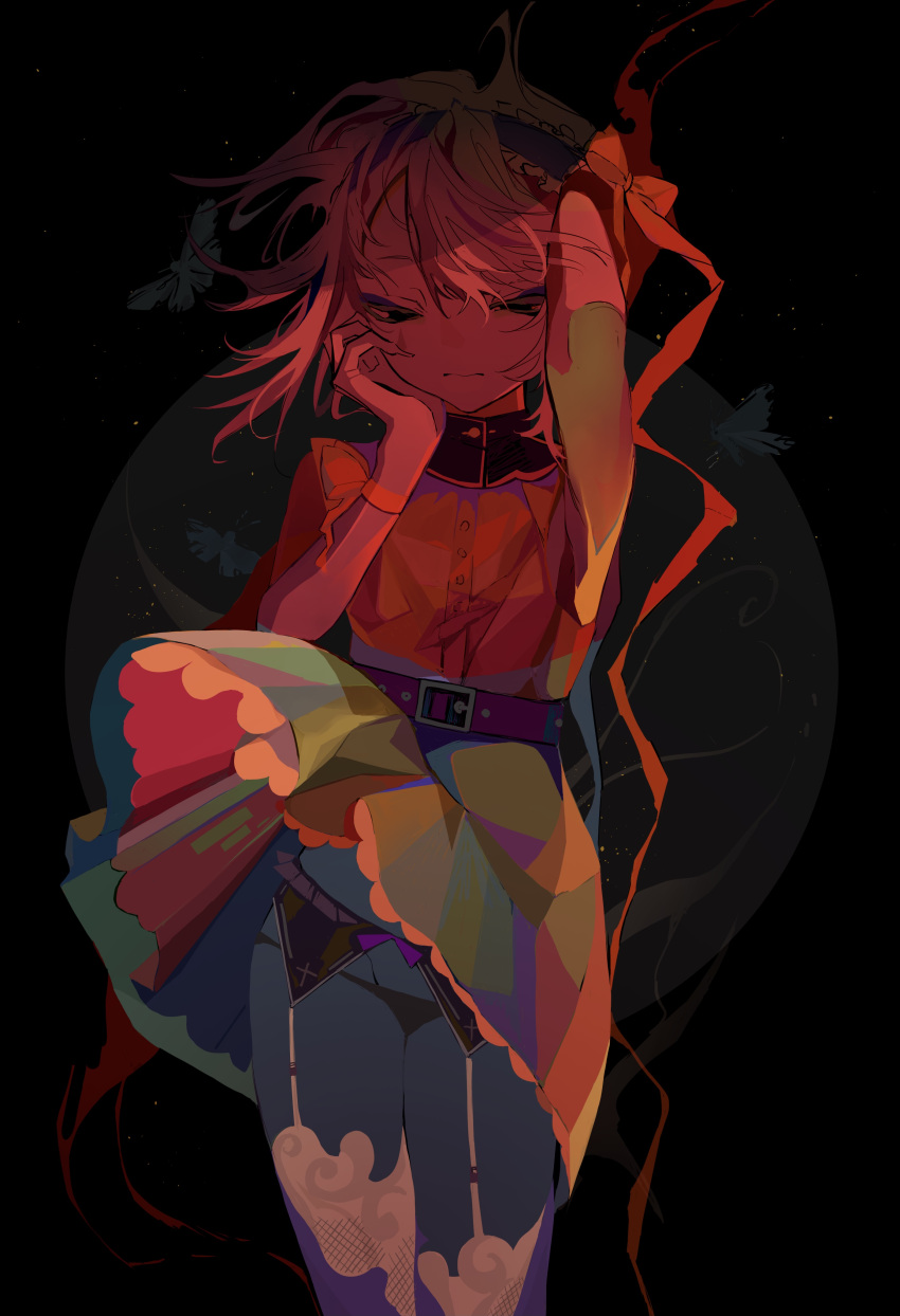 1girl, absurdres, animal, arm_up, belt, black_background, black_belt, black_eyes