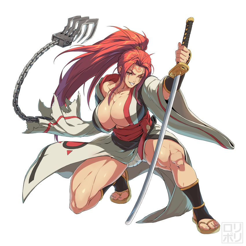 absurdres, amputee, baiken, black_kimono, breasts, claw_(weapon), derivative_work, facial_tattoo, guilty_gear, guilty_gear_strive, guilty_gear_xx, highres, jamrolypoly, japanese_clothes, katana, kimono, large_breasts, multicolored_clothes, multicolored_kimono, muscular, muscular_female, one-eyed, pink_hair, ponytail, red_eyes, samurai, sandals, sash, scar, scar_across_eye, scar_on_face, sword, tattoo, toes, weapon, white_kimono