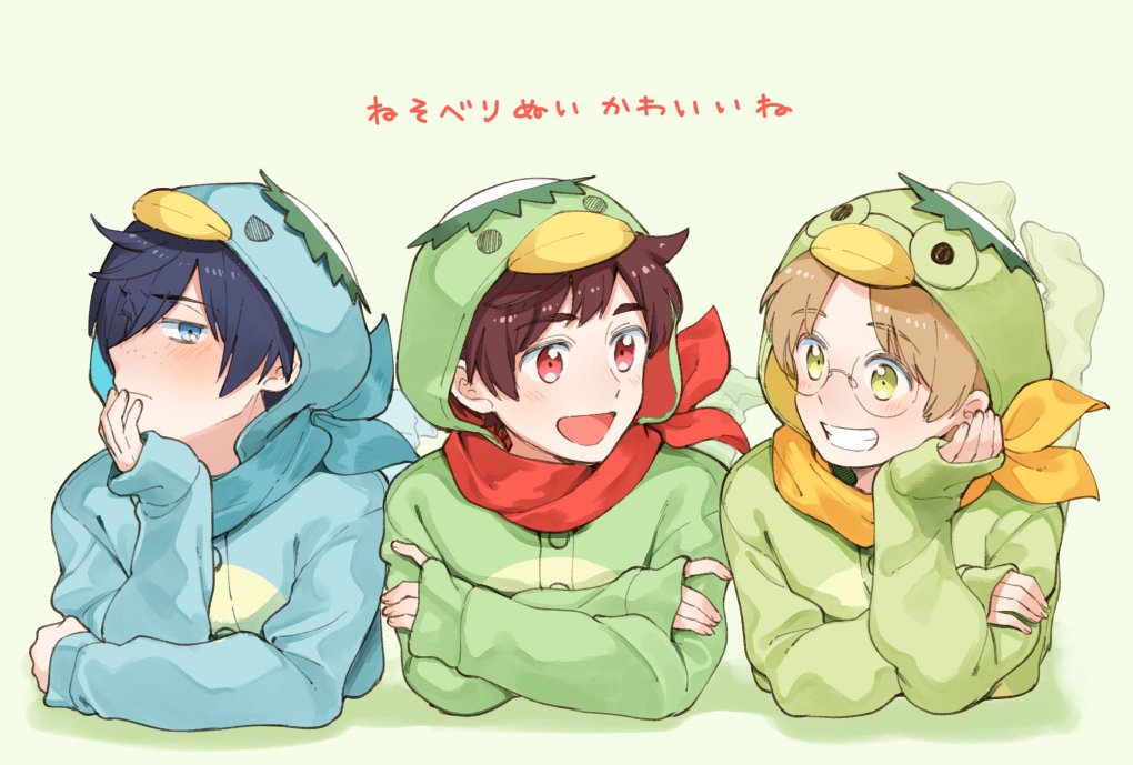 3boys, :d, black_hair, blue_eyes, blue_scarf, blush, brown_hair, crossed_arms, eye_contact, glasses, green_eyes, hair_over_one_eye, hood, jinnai_enta, kappa_costume, karushiumu_shougyo, kuji_toi, light_brown_hair, looking_at_another, lying, male_focus, multiple_boys, on_stomach, red_eyes, red_scarf, sarazanmai, scarf, simple_background, smile, socks, yasaka_kazuki, yellow_scarf
