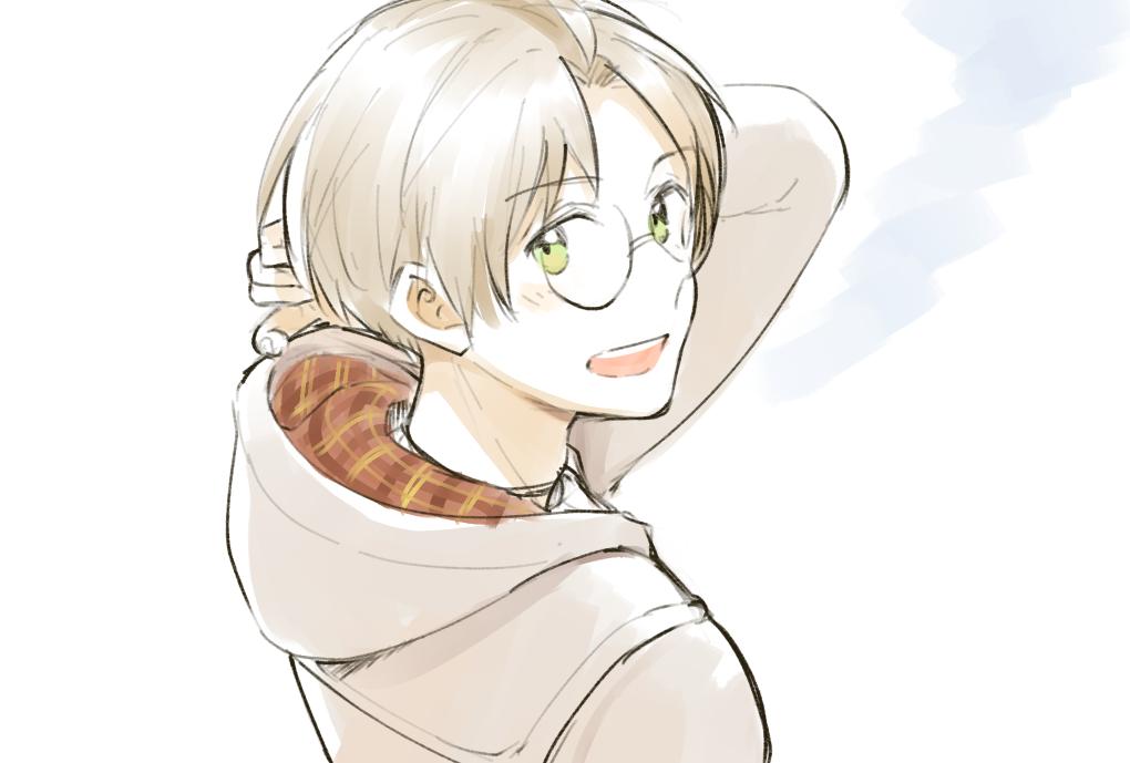 1boy, glasses, green_eyes, hand_up, hood, hood_down, jinnai_enta, karushiumu_shougyo