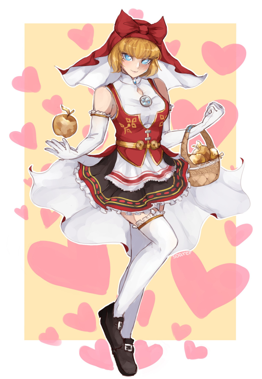 1girl, absurdres, apple, apron, bare_shoulders, basket, blonde_hair, breasts