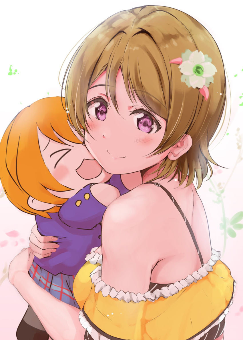 2girls, ankoiri, back, bangs, bare_shoulders, blush, brown_hair, chibi