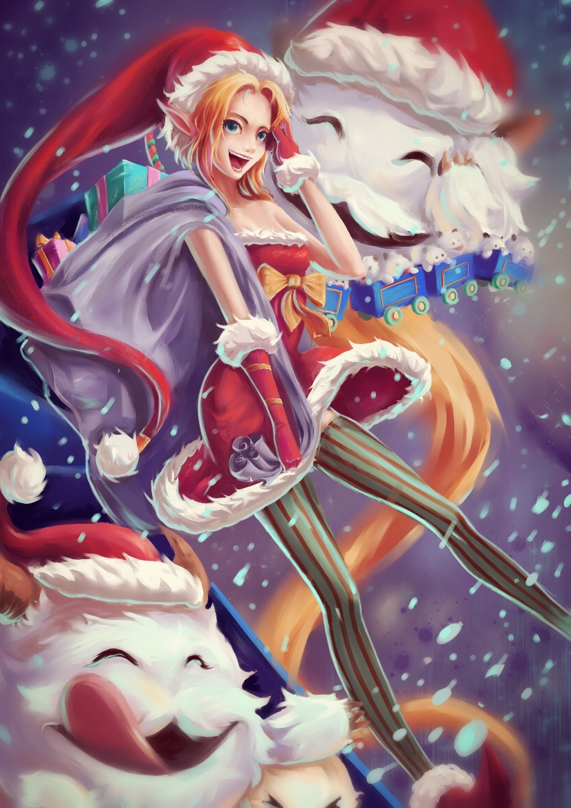 1girl, :d, ambitious_elf_jinx, arm_at_side, bag, bangs, bare_shoulders, blonde_hair