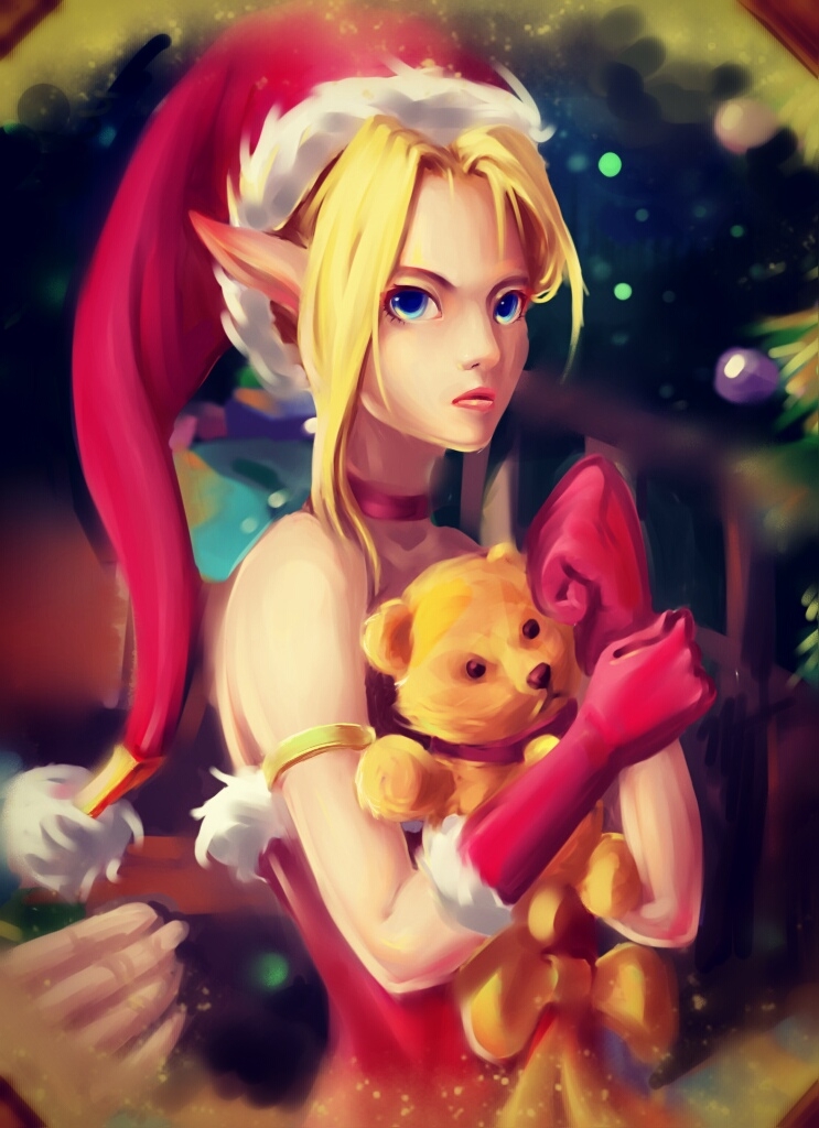 1girl, ambitious_elf_jinx, bangs, bare_shoulders, blonde_hair, blue_eyes, blurry, blurry_background