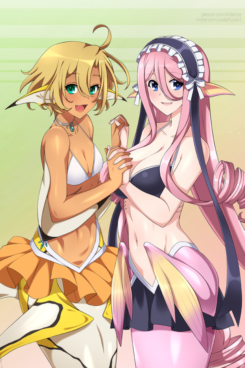 2girls, :d, ahoge, bikini, blonde_hair, blue_eyes, breasts, crossover