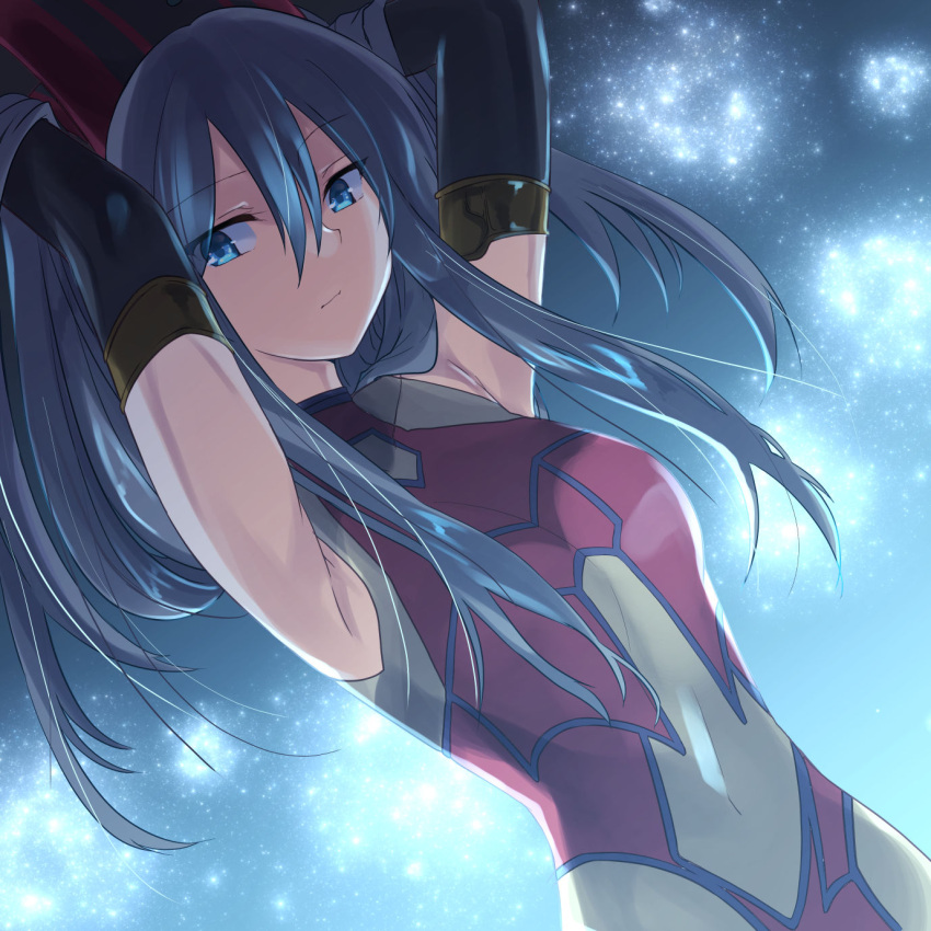 1girl, arms_up, bangs, blue_eyes, dark_blue_hair, dress, duel_monster, elbow_gloves