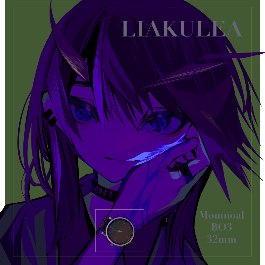 1girl, absurdres, black_hair, blue_eyes, closed_mouth, collar, commentary_request, ear_piercing