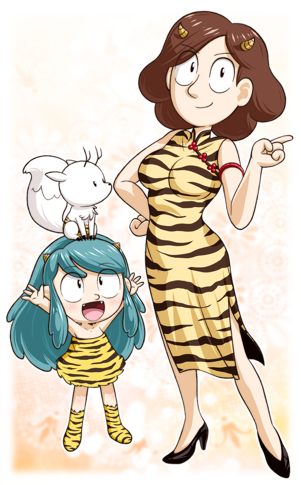 2girls, alternate_costume, animal_print, bangs, black_footwear, blue_hair, boots, brown_hair