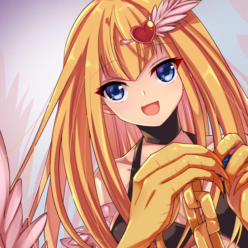 1girl, bangs, blonde_hair, blue_eyes, chain, choker, duel_monster, eyebrows_visible_through_hair