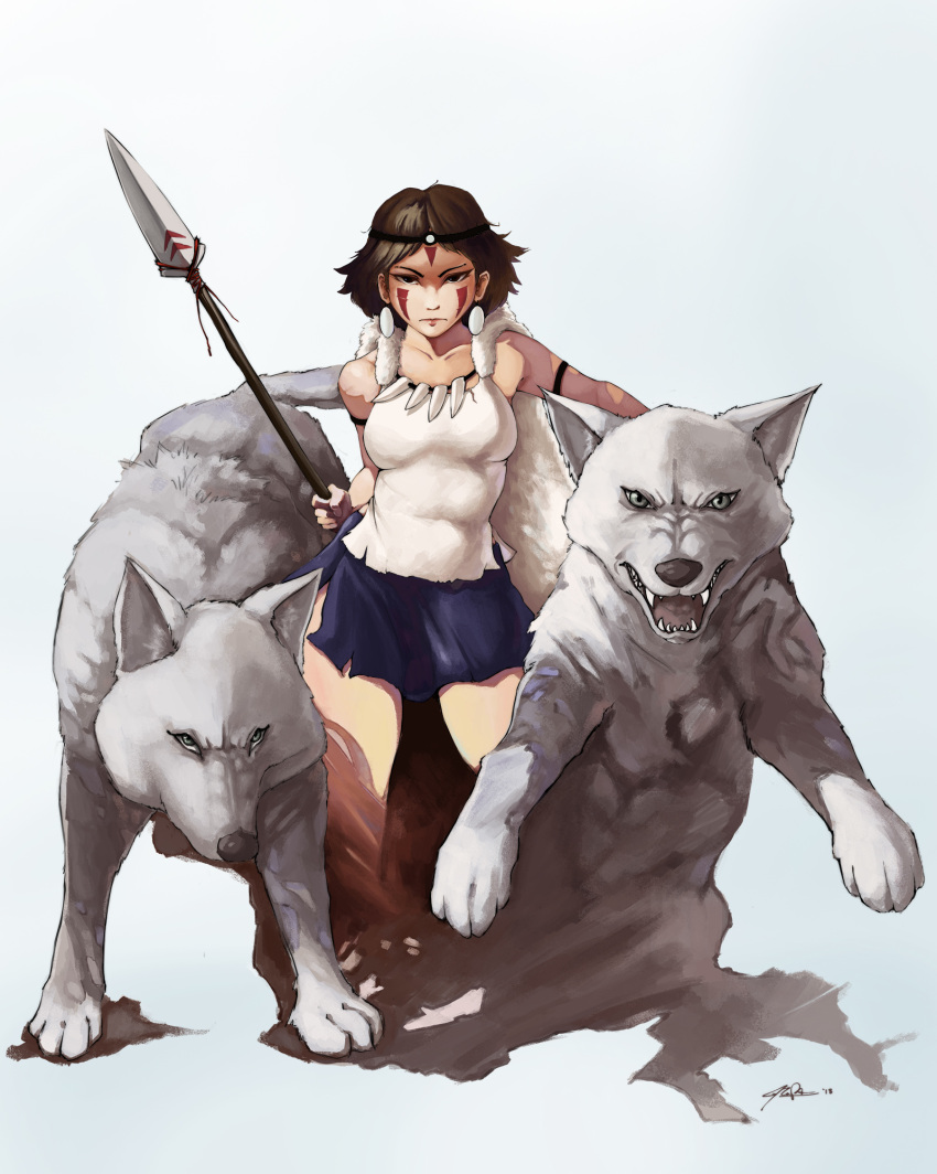 1girl, arm_strap, armlet, bangs, bare_shoulders, black_eyes, blue_skirt, brown_hair