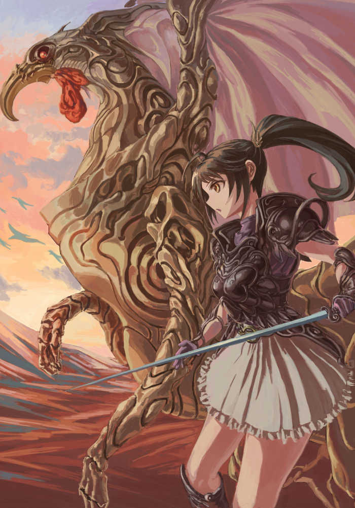 1girl, ahoge, armor, black_armor, black_hair, breastplate, clouds, cockatrice