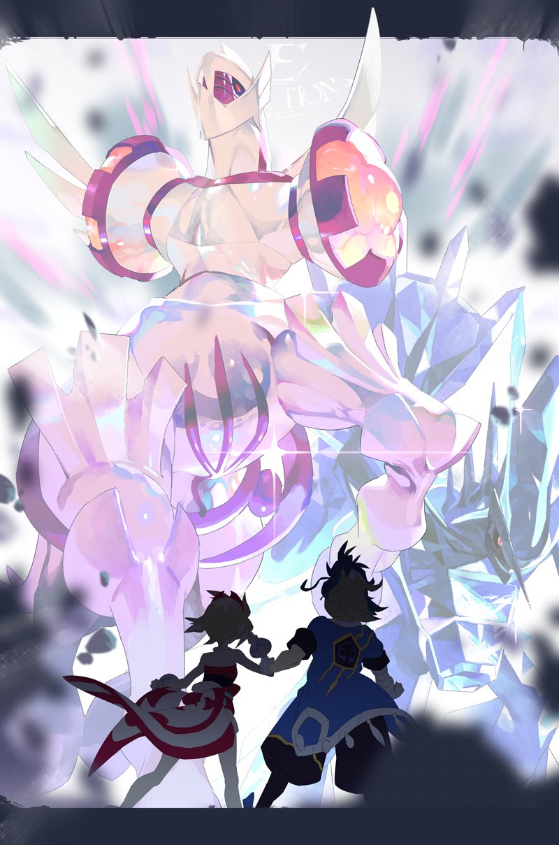 1boy, 1girl, adaman_(pokemon), bare_shoulders, debris, dialga, dialga_(origin), e_volution