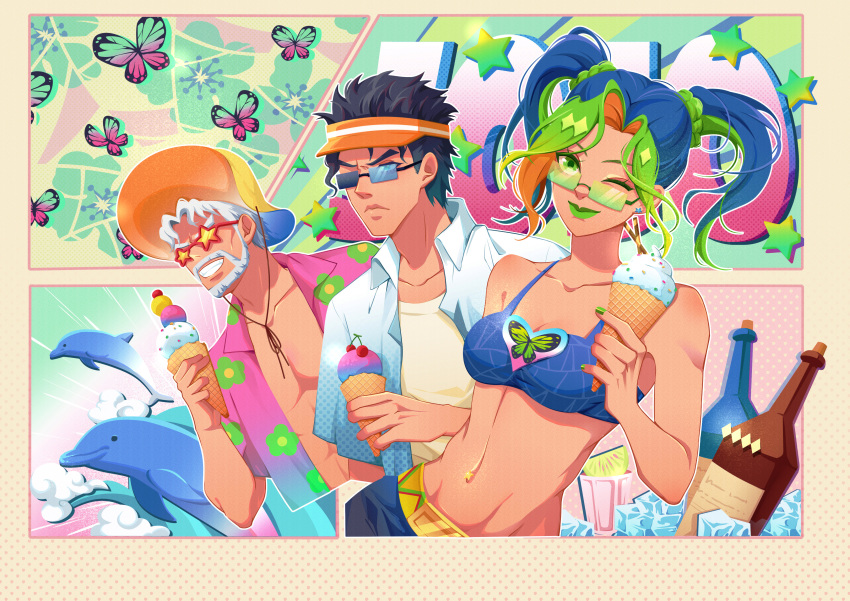 1girl, 2boys, absurdres, beard, bikini, black_hair, blue_eyes, blue_hair