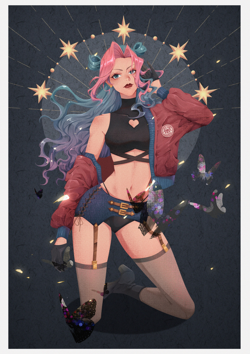 1girl, absurdres, alternate_hairstyle, black_panties, blue_eyes, blue_hair, bug, butterfly, clothing_cutout, crop_top, double_bun, garter_belt, garters, gradient_hair, hair_cones, hair_down, heart_cutout, highres, jacket, jojo_no_kimyou_na_bouken, kujo_jolyne, letterman_jacket, lipstick, long_hair, makeup, midriff, momoju163, multicolored_hair, off_shoulder, panties, pink_hair, purple_hair, red_jacket, sleeveless, sleeveless_turtleneck, solo, stone_ocean, thigh-highs, turtleneck, two-tone_hair, underwear