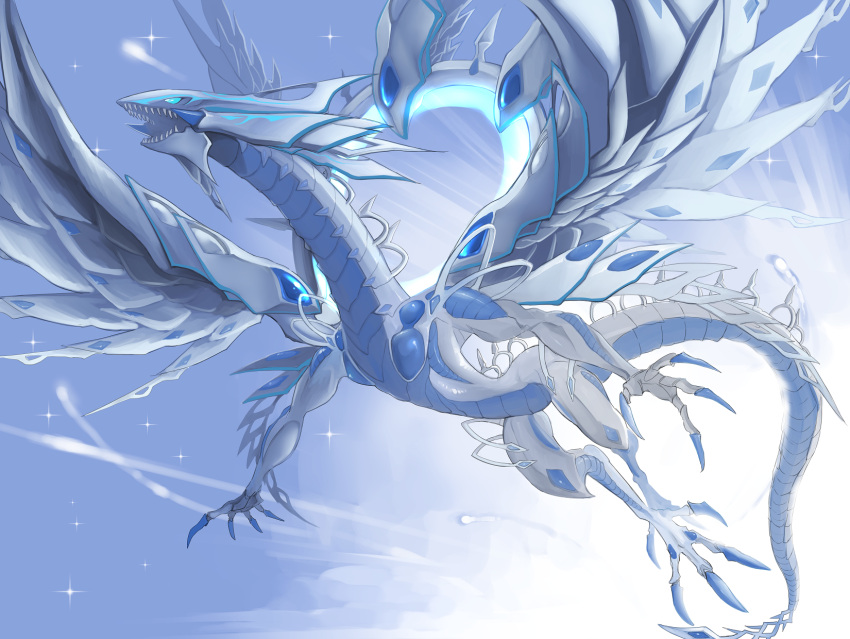 claws, deep-eyes_white_dragon, dragon, duel_monster, flying, highres, open_mouth, ryou_(cagw5223)