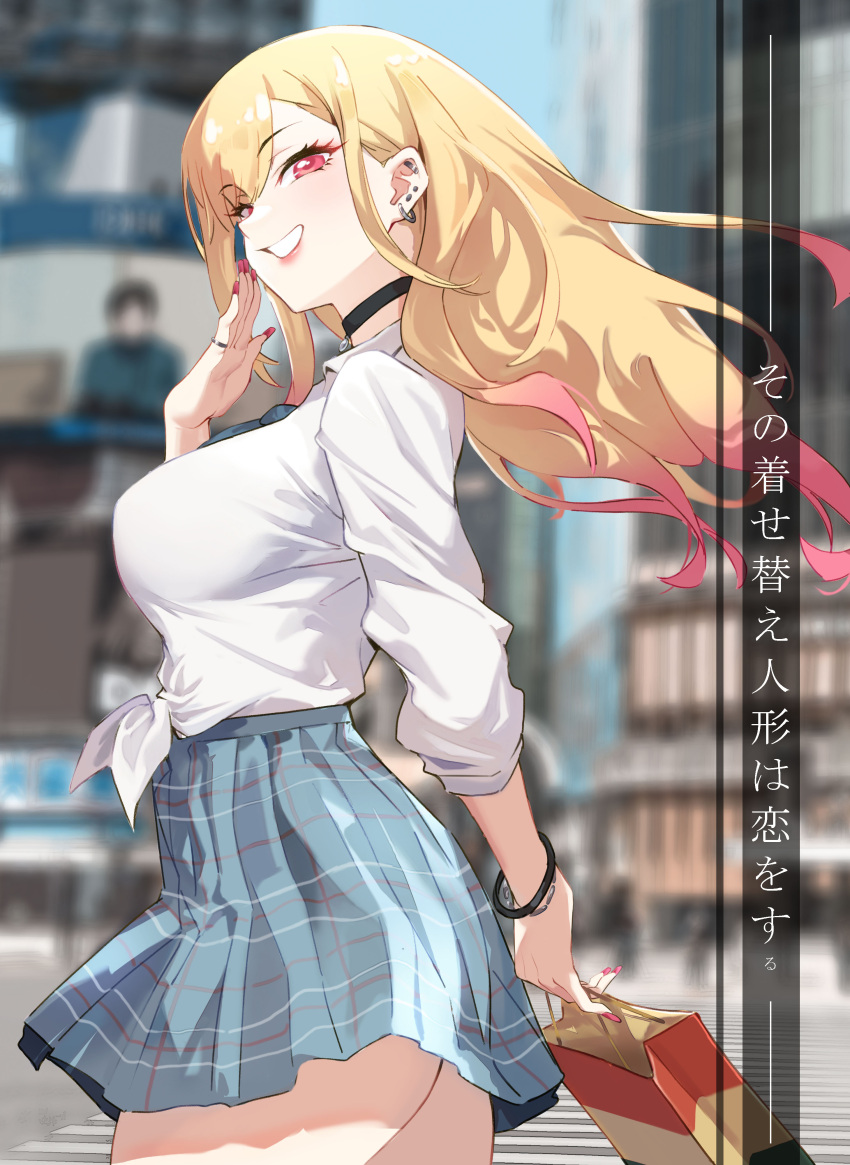 1girl, absurdres, bag, black_choker, blonde_hair, blue_necktie, blue_skirt, blurry