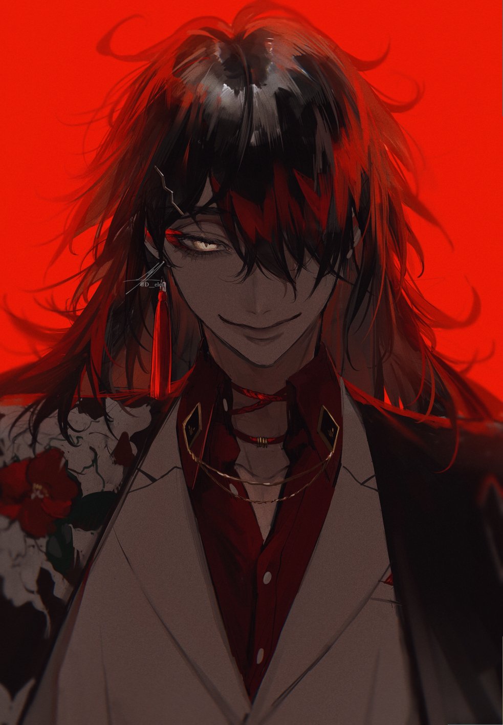 1boy, au_(d_elite), bangs, black_hair, black_kimono, collarbone, collared_shirt, earrings, hair_over_one_eye, highres, jacket, japanese_clothes, jewelry, kimono, kimono_on_shoulders, male_focus, multicolored_hair, necklace, nijisanji, nijisanji_en, one_eye_covered, portrait, red_background, red_shirt, redhead, shirt, single_earring, smile, solo, streaked_hair, vox_akuma, white_jacket, yellow_eyes