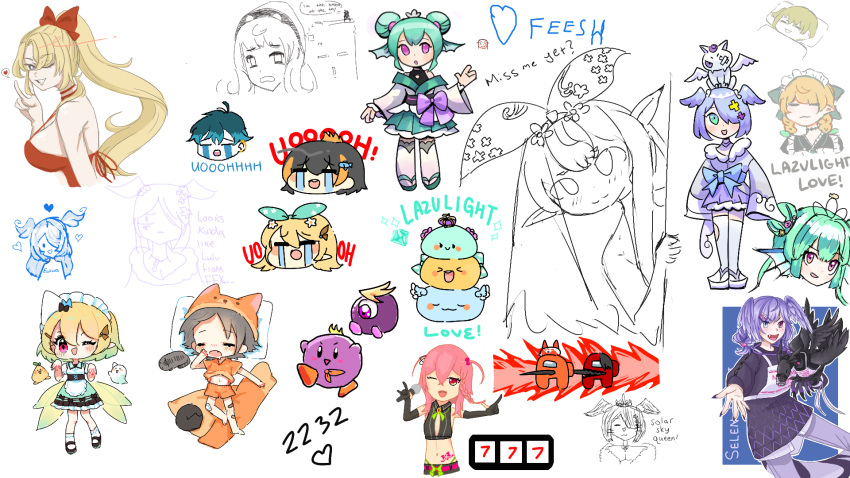 >_<, 4boys, 6+girls, among_us, animal_on_head, animal_on_shoulder, bangs, black_sweater