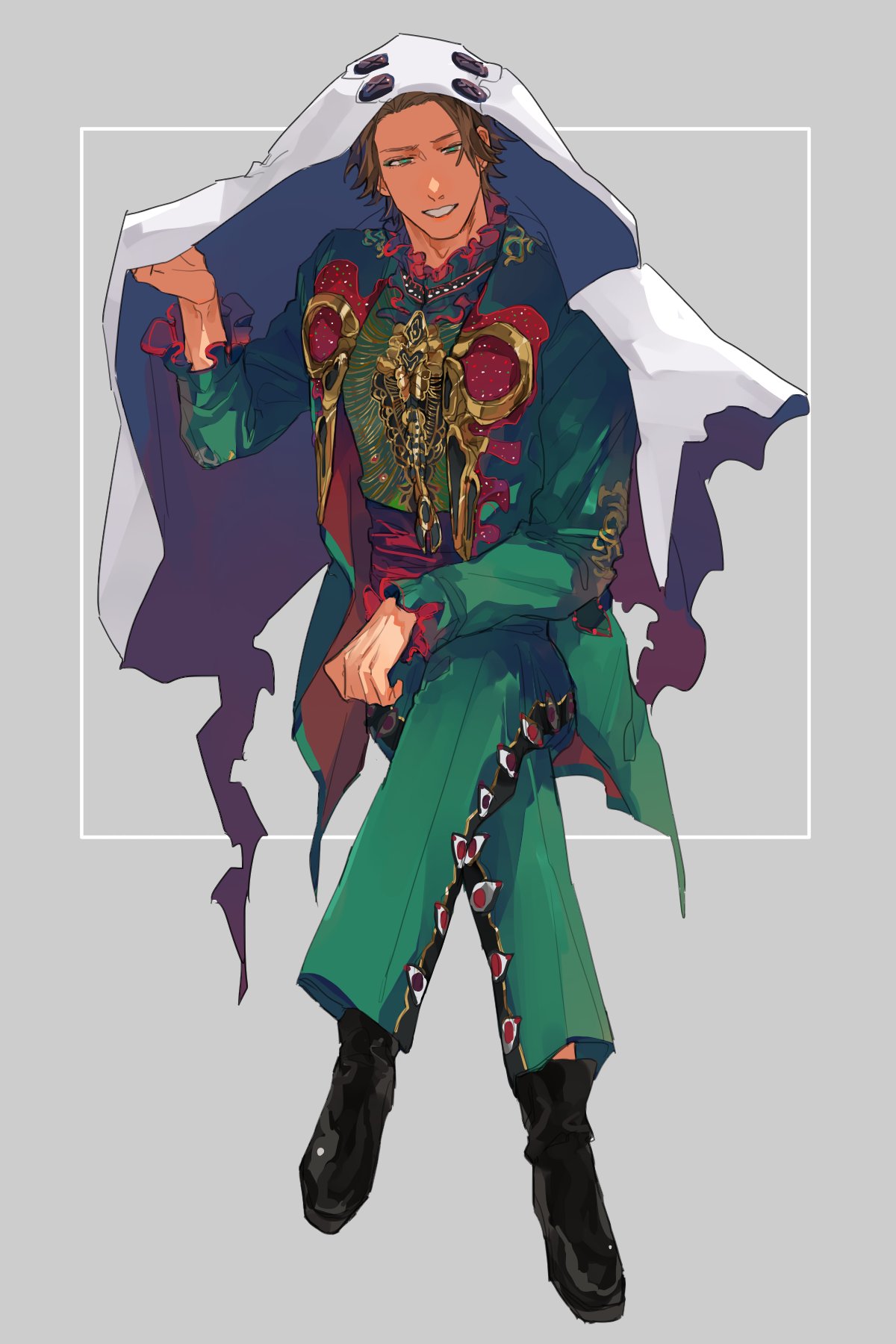 1boy, bbbb_fex, black_footwear, brown_hair, cloak, eye_print, full_body, green_eyes