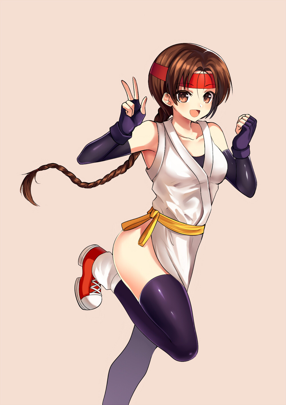 1girl, black_gloves, black_legwear, blush, braid, breasts, brown_eyes, brown_hair