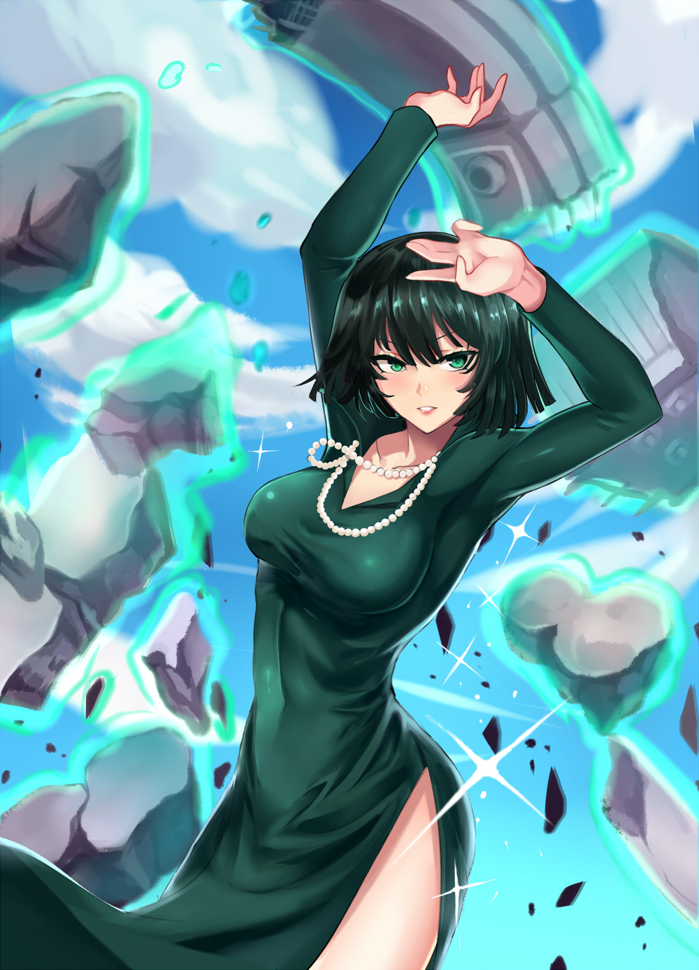 1girl, arms_up, black_hair, breasts, edboy, eyebrows_visible_through_hair, fubuki_(one-punch_man), green_eyes