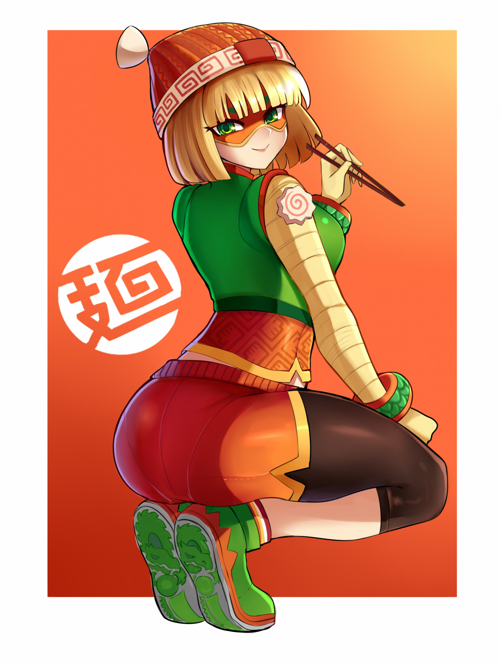 1girl, arms_(game), ass, black_pants, blonde_hair, blush, breasts, chopsticks