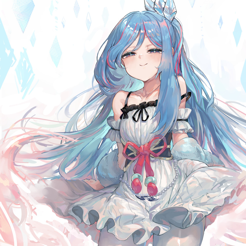 1girl, absurdres, bare_shoulders, beads, blue_hair, blush, collarbone, cowboy_shot