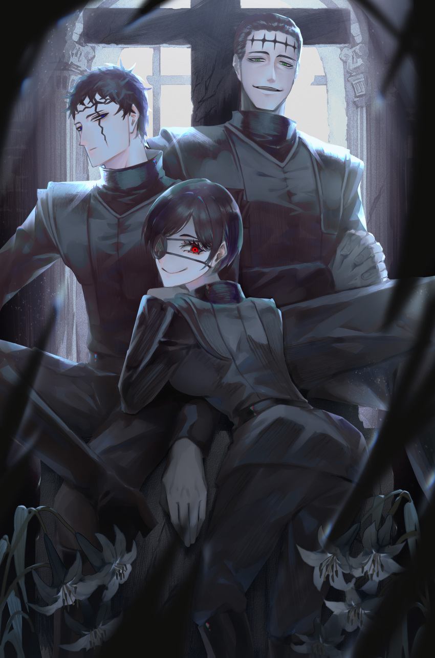 1girl, 2boys, absurdres, arch, architecture, armor, ass, bangs
